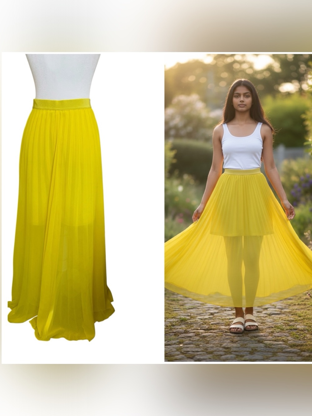 Ann Taylor XS Pleated Chiffon Maxi Skirt Yellow Chartreuse Flowy Side Zip - Picture 2 of 11